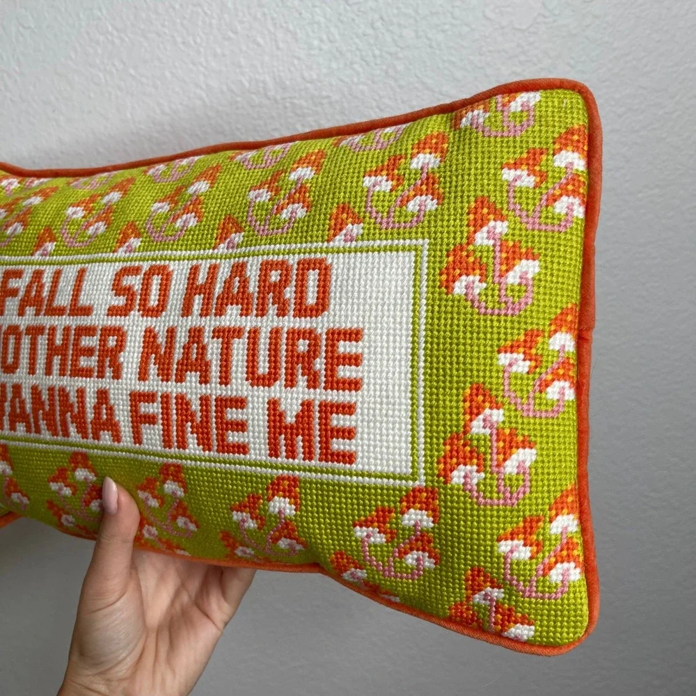 Furbish Studio Fall So Hard Mother Nature Needlepoint Pillow Green Orange New